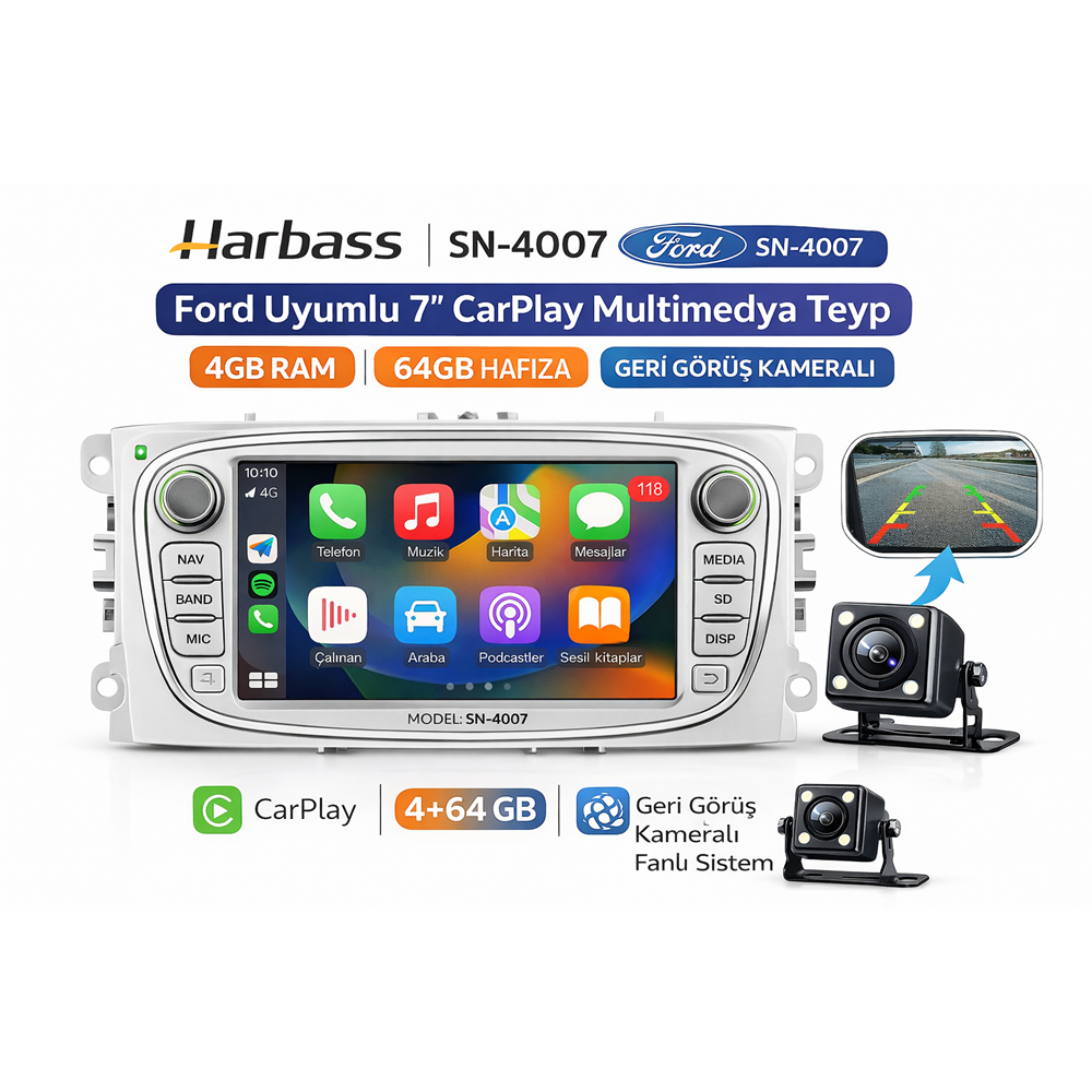 Harbass SN-4007 Ford Uyumlu 7” CarPlay Multimedya Teyp 4GB RAM 64GB Hafıza Geri Görüş Kameralı