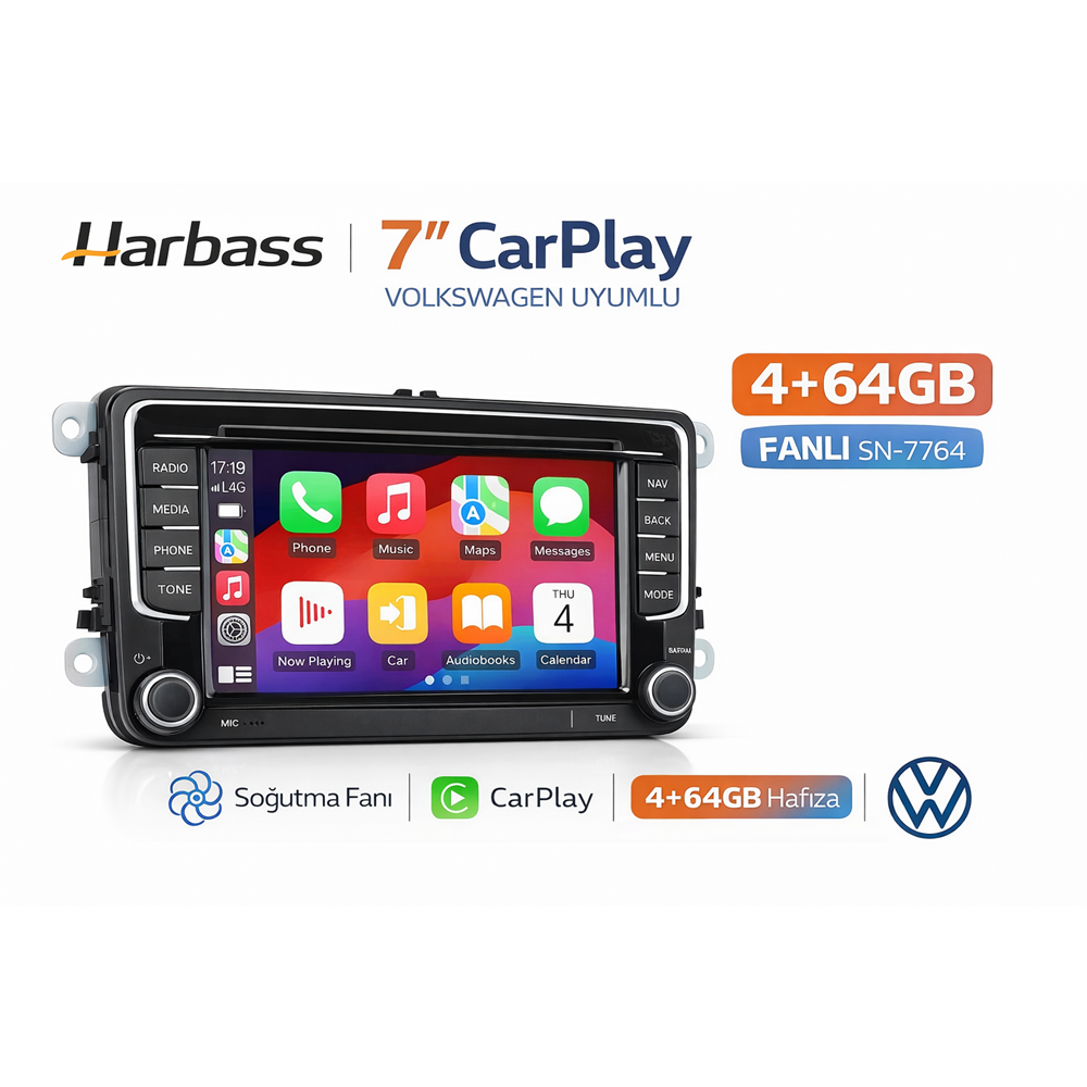 Harbass SN-7764 Volkswagen Uyumlu 7” CarPlay Multimedya Teyp 4GB RAM 64GB Hafıza Fanlı Sistem