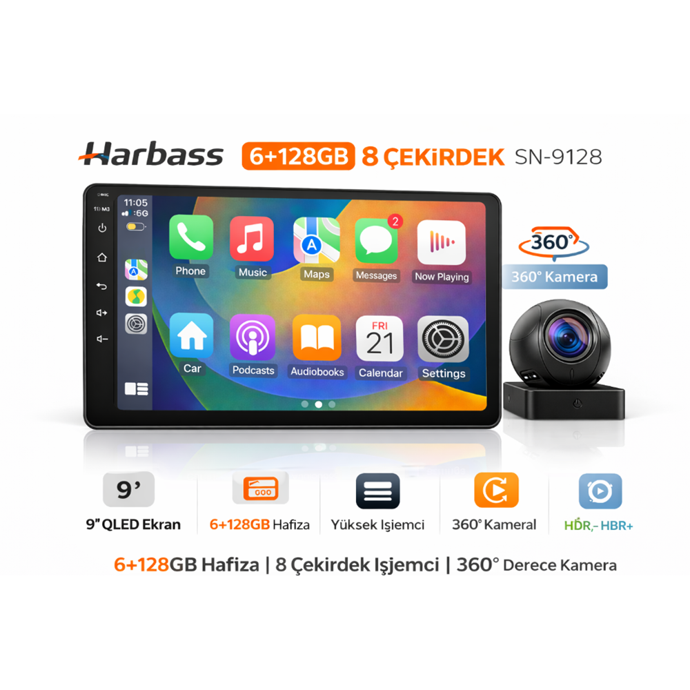 SN-9128 6-128 8 ÇEKİRDEK 360 DERECE KAMERA / FAN /QLED 9 INCH MULTIMEDYA