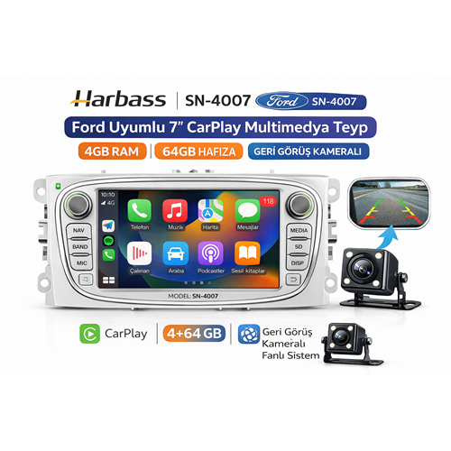 Harbass SN-4007 Ford Uyumlu 7” CarPlay Multimedya Teyp 4GB RAM 64GB Hafıza Geri Görüş Kameralı