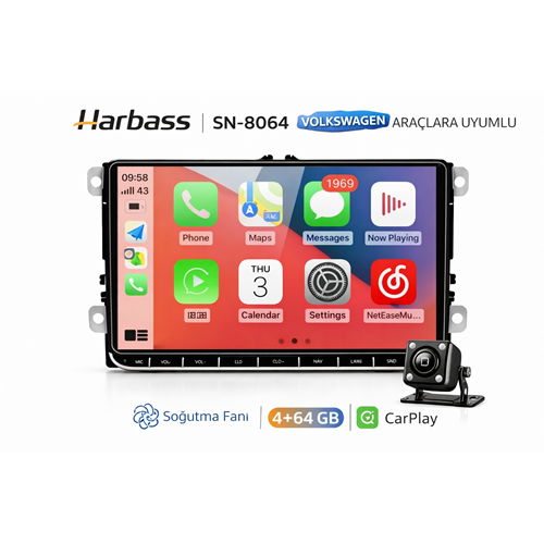 Harbass SN-8064 Volkswagen Uyumlu 9” CarPlay Multimedya Teyp 4GB RAM 64GB Hafıza Fanlı Sistem