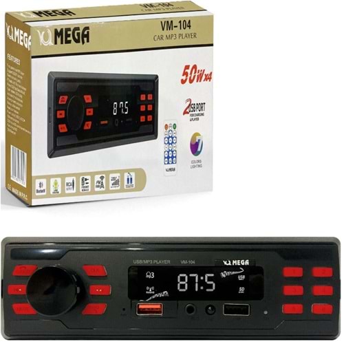 VM-104 Oto Teyp 4X50 Watt Bluetooth 2xUsb Sd Fm Aux 7 Renk