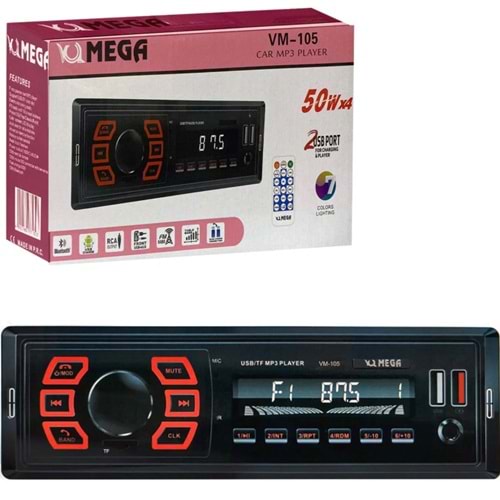 Oto Teyp 4X50 Watt Bluetooth 2xUsb Sd Fm Aux 7 Renk