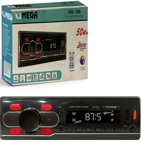 VM-106 Oto Teyp 4X50 Watt Bluetooth 2xUsb Sd Fm Aux 7 Renk
