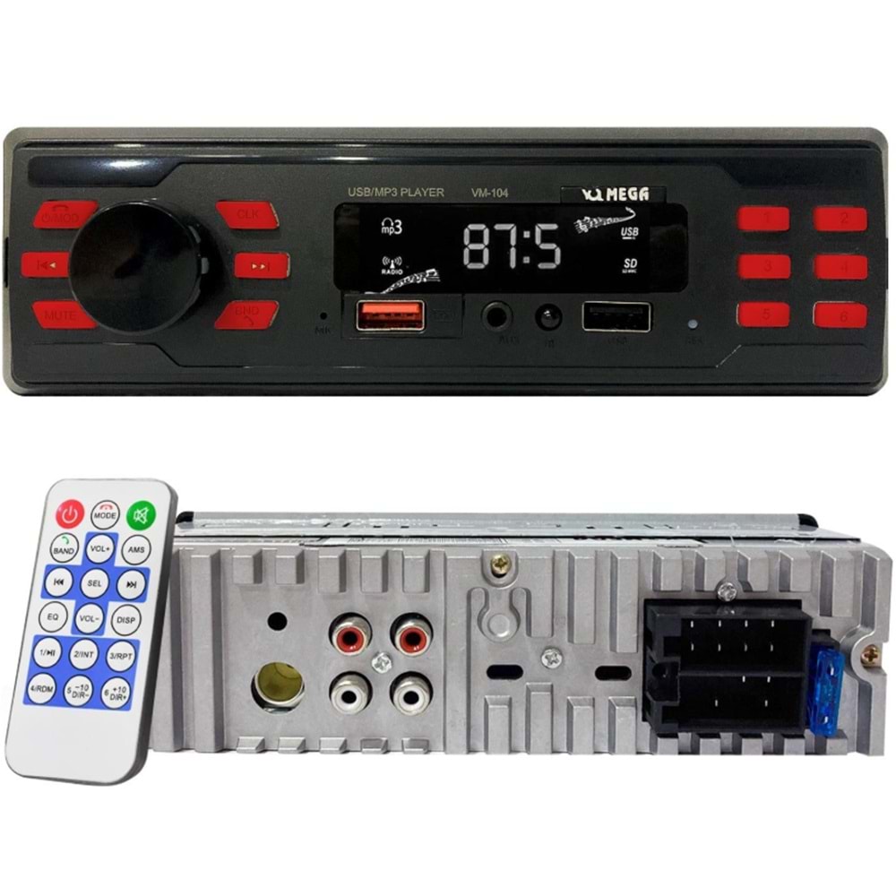 VM-104 Oto Teyp 4X50 Watt Bluetooth 2xUsb Sd Fm Aux 7 Renk
