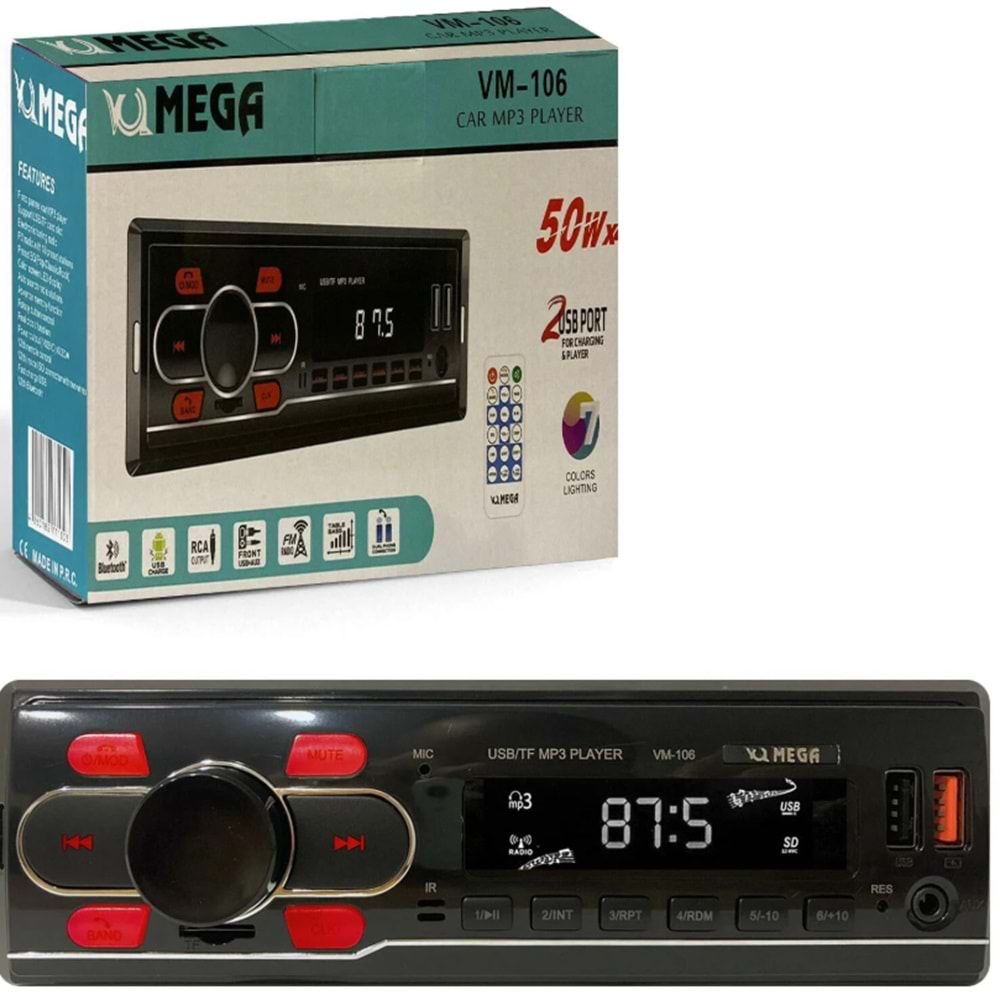 VM-106 Oto Teyp 4X50 Watt Bluetooth 2xUsb Sd Fm Aux 7 Renk