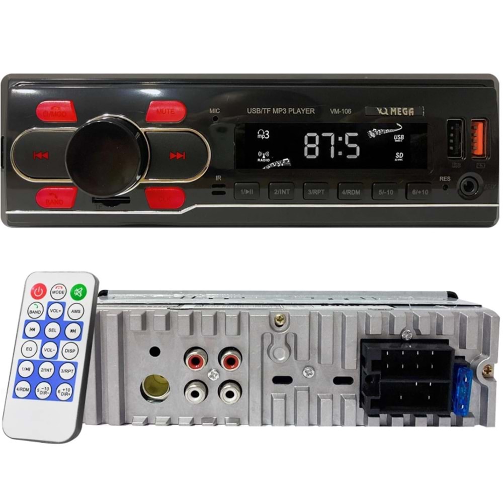VM-106 Oto Teyp 4X50 Watt Bluetooth 2xUsb Sd Fm Aux 7 Renk